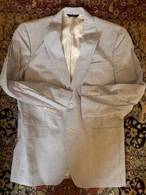 Jos. A. Bank Seersuckers White Blue Pinstripe Men’s Sports Coat Blazer Size 42 R